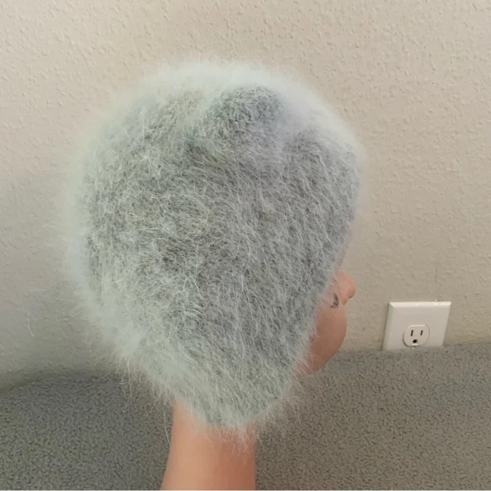 Soft Fuzzy Baby Knit Hat Gray Cat Ears Angora Style Newborn Infant Beanie One Sz